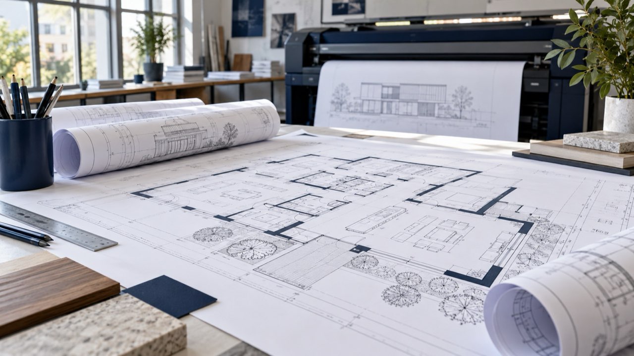 Illustrative photograph of architectural drawings and rolled plans on a worktable